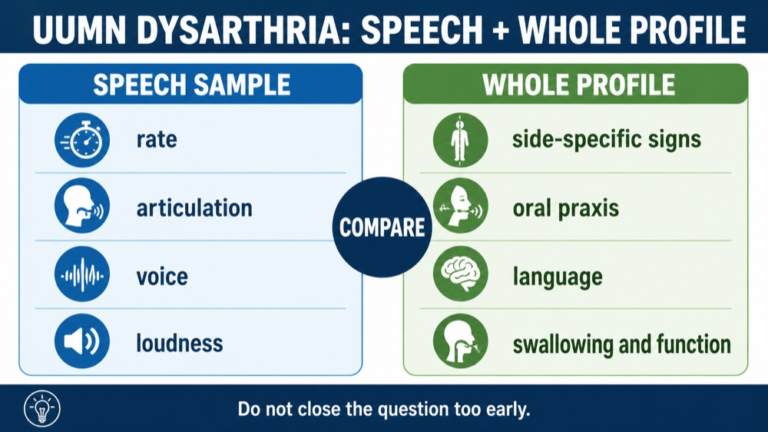 Unilateral upper motor neuron dysarthria reasoning infographic comparing speech features, side-specific signs, non-speech tasks, differential questions, and function