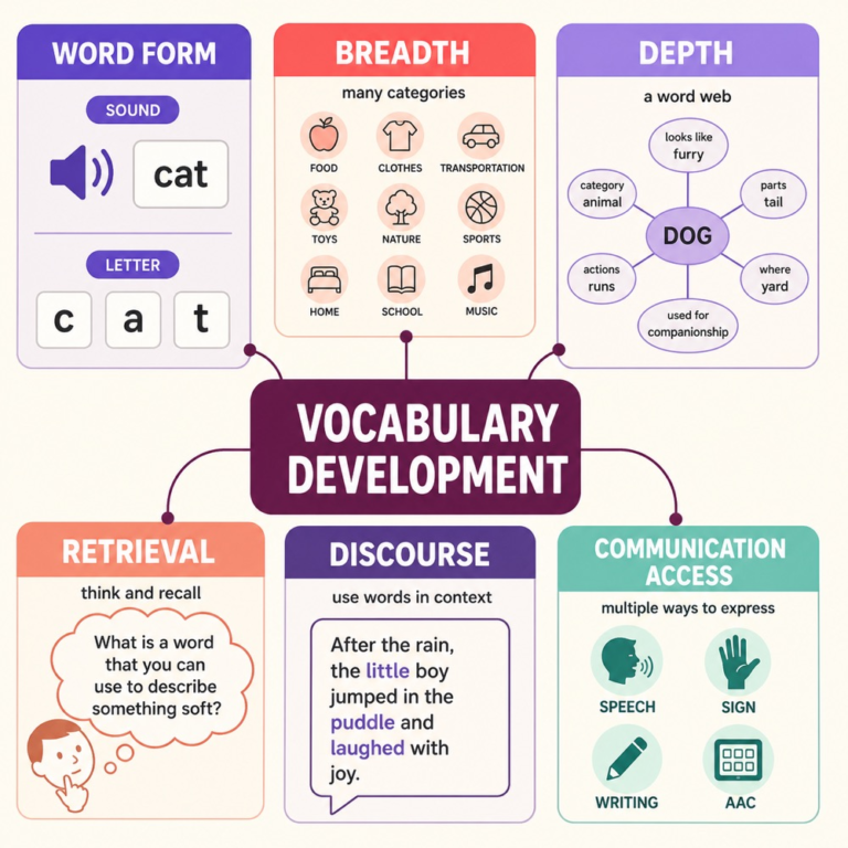 Vocabulary development map connecting word form, breadth, depth, retrieval, discourse, and language experience