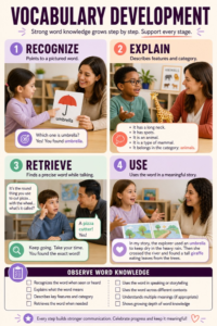 Vocabulary development context map comparing recognition, explanation, retrieval, partner, topic, and access