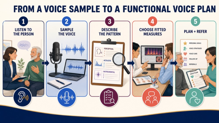 Voice assessment infographic showing the path from a voice sample to a focused clinical interpretation