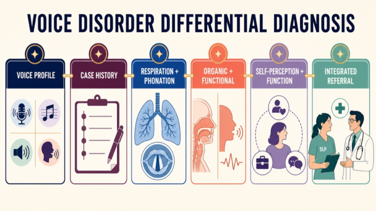 Voice disorder differential diagnosis map connecting voice features, case history, respiration, categories, function, and referral