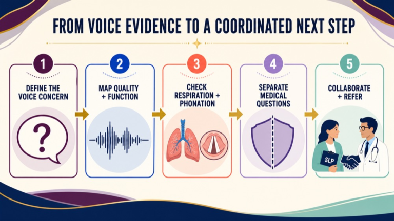 Voice disorder differential diagnosis infographic showing the path from voice evidence to a coordinated next step