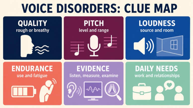 Voice disorder map connecting quality, pitch, loudness, endurance, assessment, context, and daily communication needs