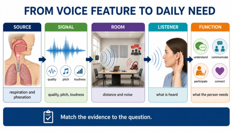Voice reasoning infographic comparing speaker, signal, room, listener, task, endurance, and functional communication