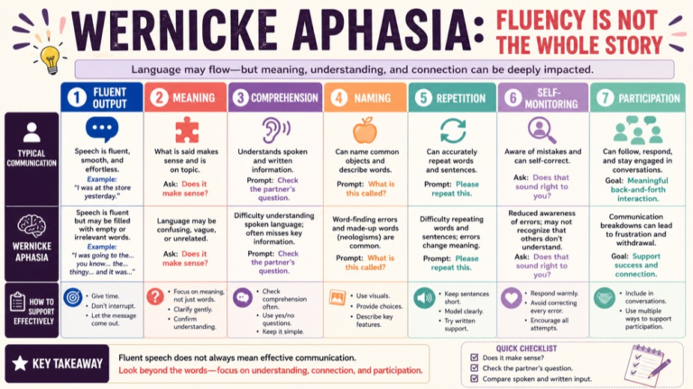 Wernicke aphasia study map connecting fluent expression, comprehension, naming, repetition, self-monitoring, and participation