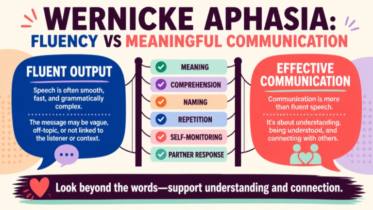 Wernicke aphasia reasoning infographic comparing fluent output with meaning, partner response, support, and functional communication