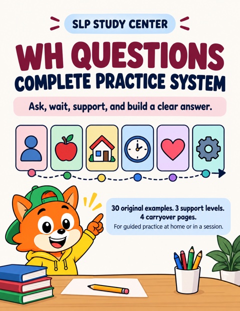 WH questions visual practice preview with question-word and picture supports