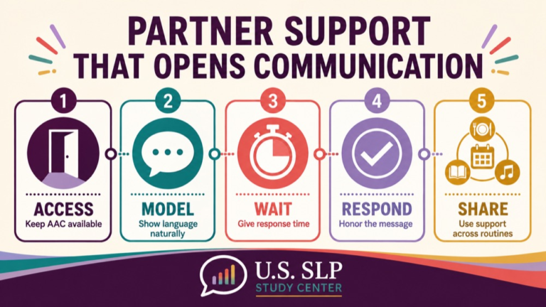 Aac communication partner training infographic showing context, evidence, and proportionate next steps