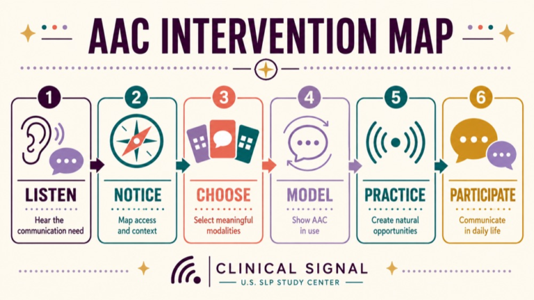 Aac intervention concept map showing the core domains and clinical questions
