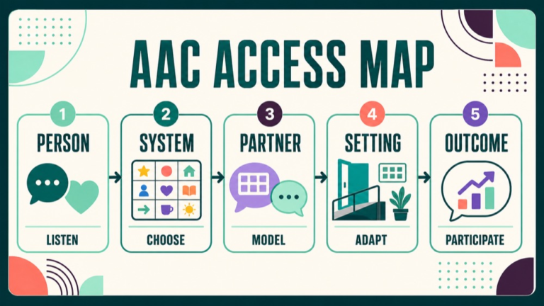 AAC Praxis practice questions showing a communication access evidence to outcome map