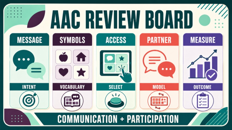 AAC Praxis practice questions showing an AAC system and partner review board