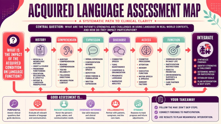 Acquired language disorders assessment concept map showing the core assessment domains and clinical questions
