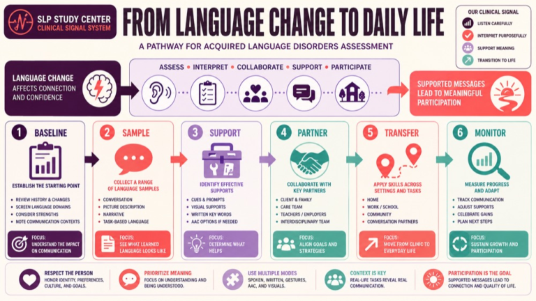 Acquired language disorders assessment infographic showing context, evidence, and proportionate next steps