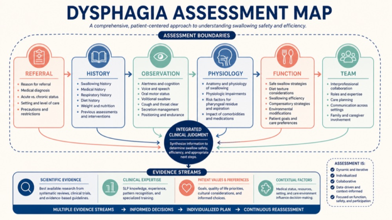 Adult dysphagia assessment concept map showing the core domains and clinical questions