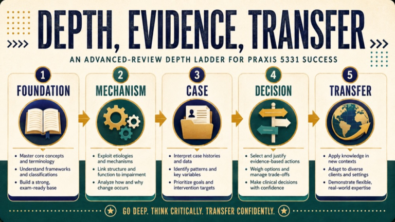 advanced review speech language pathology praxis infographic showing use advanced review with purpose