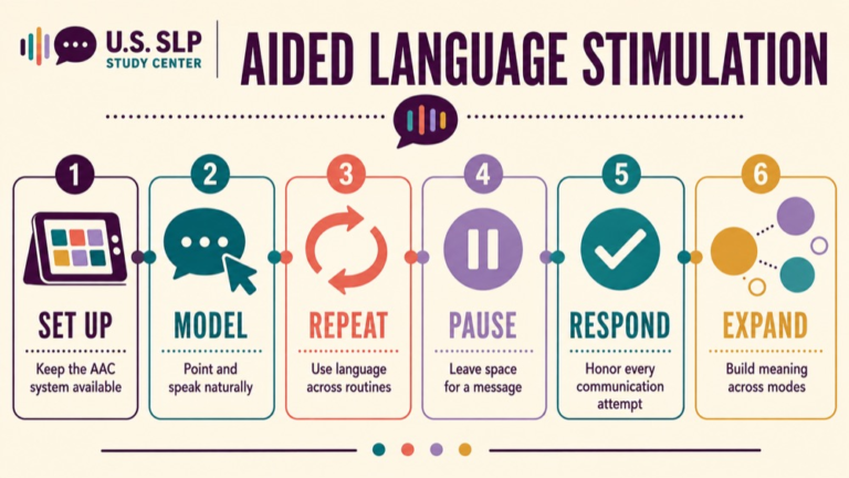 Aided language stimulation concept map showing the core domains and clinical questions