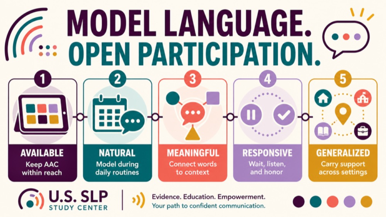 Aided language stimulation infographic showing context, evidence, and proportionate next steps