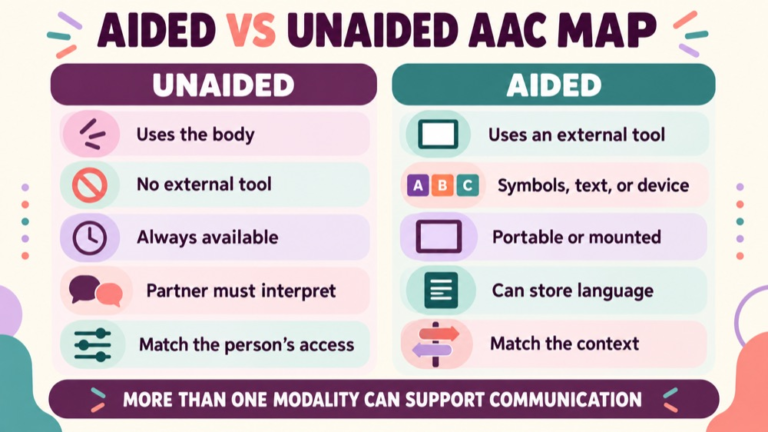 Aided vs unaided aac concept map showing the core domains and clinical questions