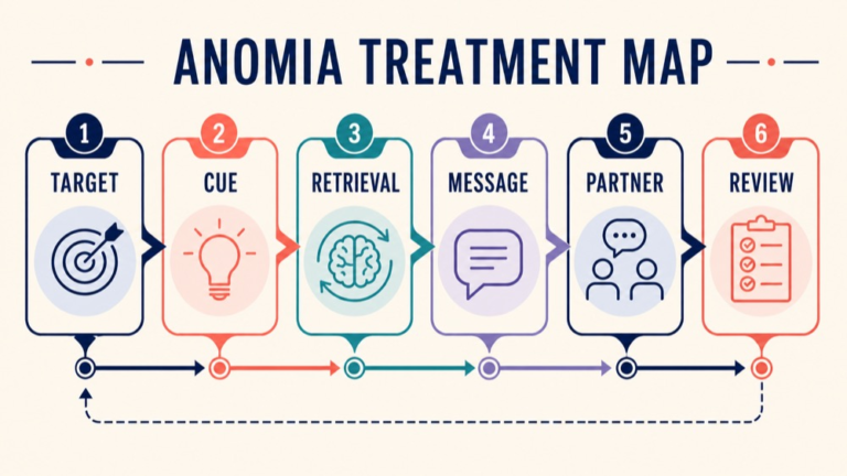 Anomia treatment concept map showing the core domains and clinical questions