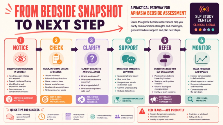 Aphasia bedside assessment infographic showing context, evidence, and proportionate next steps