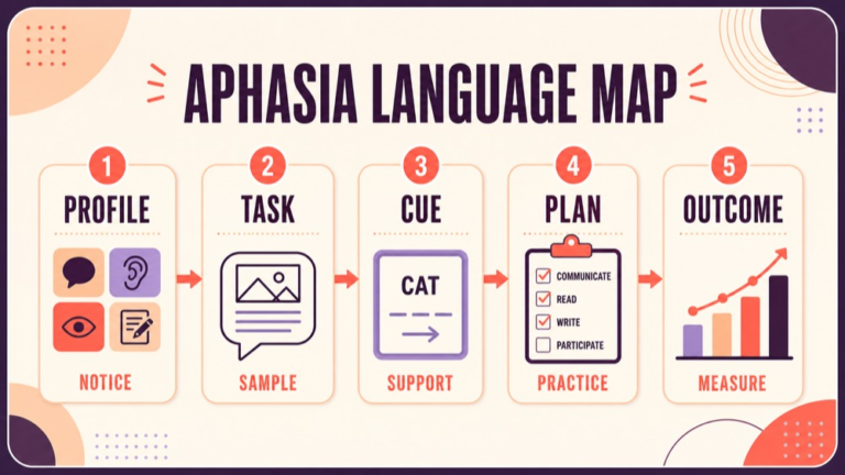 Aphasia Praxis practice questions showing a language evidence to plan map