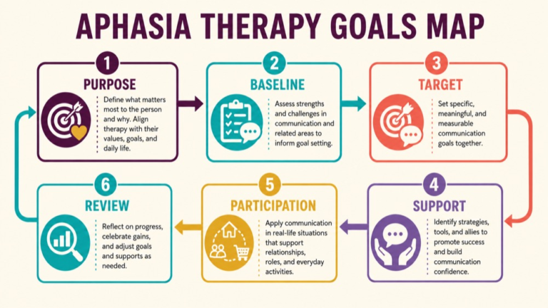 Aphasia therapy goals concept map showing the core domains and clinical questions