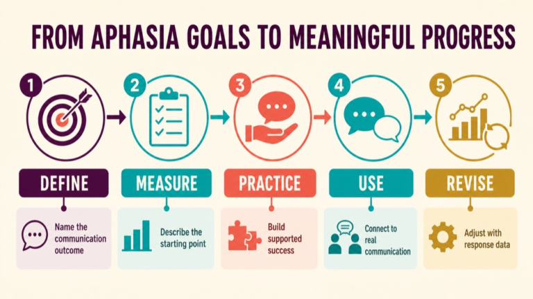 Aphasia therapy goals infographic showing context, evidence, and proportionate next steps
