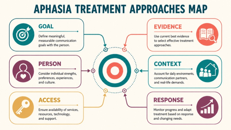 Aphasia treatment approaches concept map showing the core domains and clinical questions