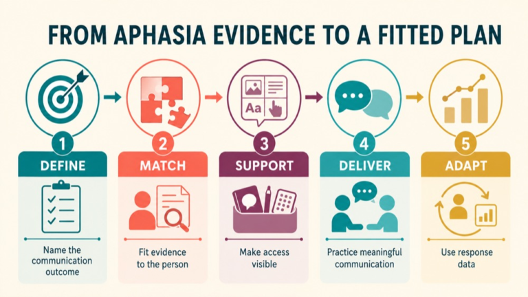 Aphasia treatment approaches infographic showing context, evidence, and proportionate next steps