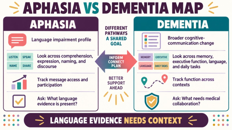 Aphasia vs dementia concept map showing the core domains and clinical questions