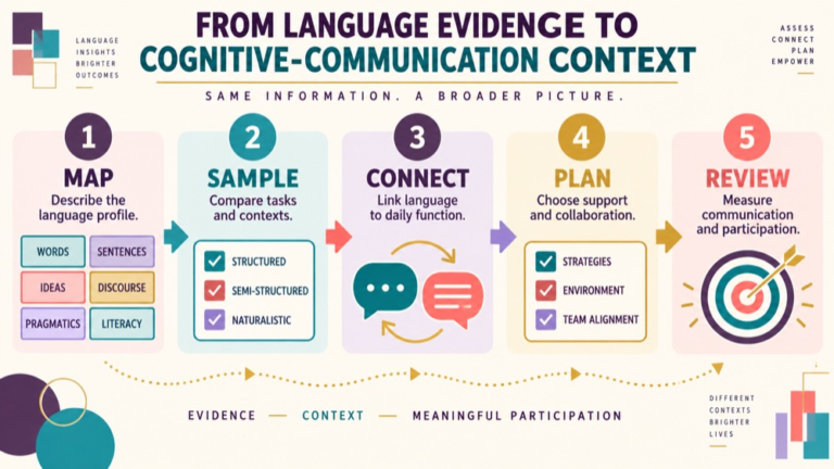 Aphasia vs dementia infographic showing context, evidence, and proportionate next steps