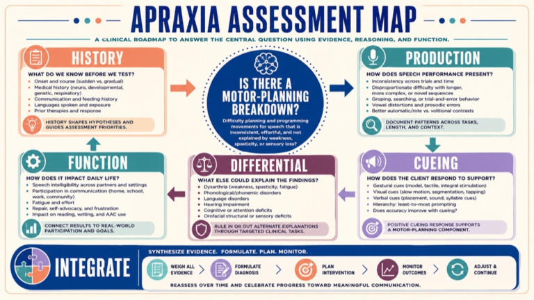 Apraxia assessment tools concept map showing the core assessment domains and clinical questions