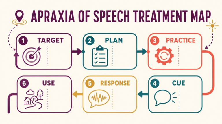Apraxia of speech treatment concept map showing the core domains and clinical questions