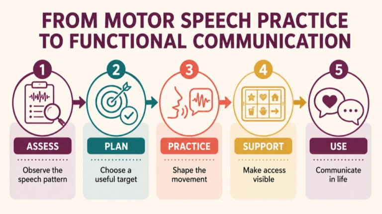Apraxia of speech treatment infographic showing context, evidence, and proportionate next steps