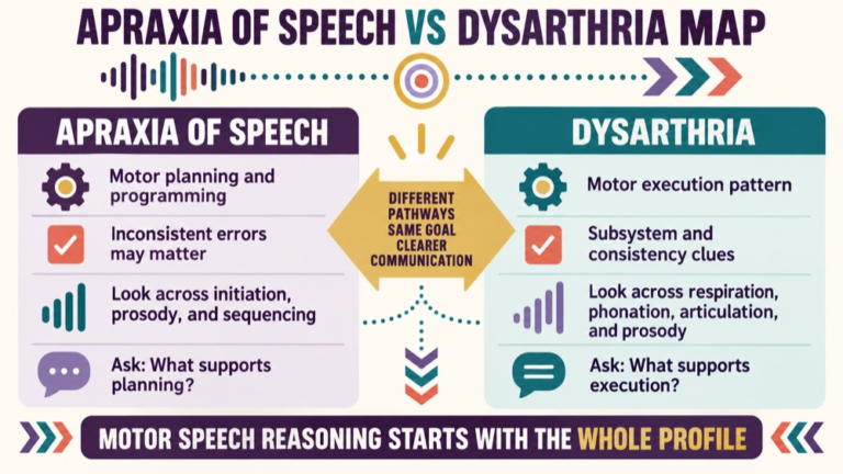 Apraxia of speech vs dysarthria concept map showing the core domains and clinical questions
