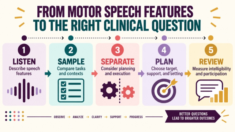 Apraxia of speech vs dysarthria infographic showing context, evidence, and proportionate next steps