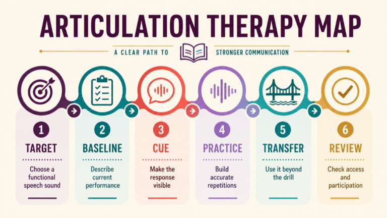 Articulation therapy concept map showing the core domains and clinical questions