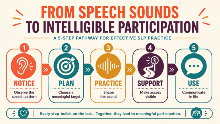 Articulation therapy infographic showing context, evidence, and proportionate next steps