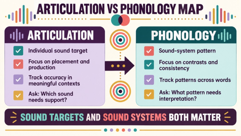 Articulation vs phonology concept map showing the core domains and clinical questions