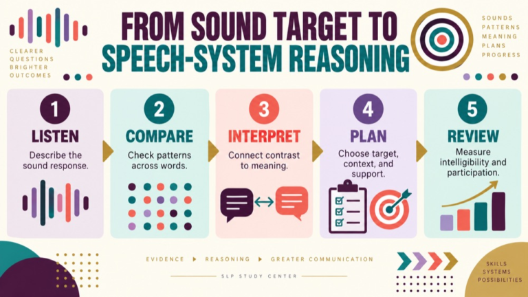 Articulation vs phonology infographic showing context, evidence, and proportionate next steps