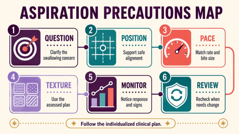 Aspiration precautions speech pathology concept map showing the core domains and clinical questions