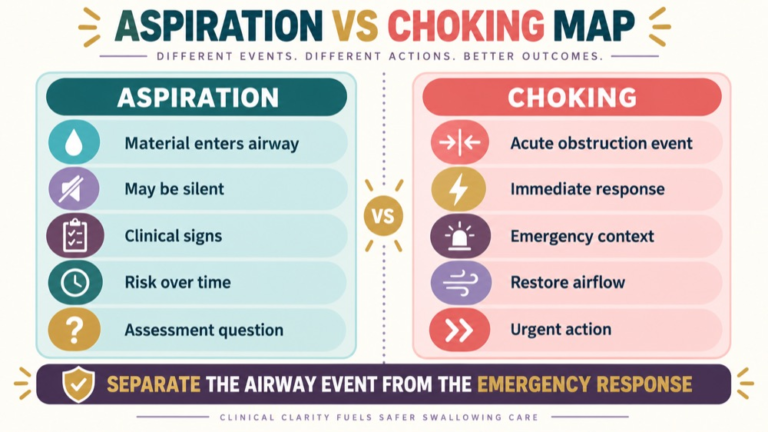 Aspiration vs choking concept map showing the core domains and clinical questions