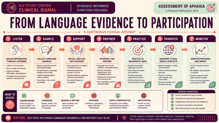 Assessment of aphasia infographic showing context, evidence, and proportionate next steps