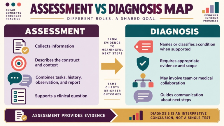 Assessment vs diagnosis concept map showing the core domains and clinical questions