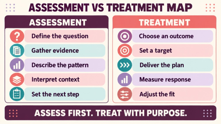 Assessment vs treatment concept map showing the core domains and clinical questions