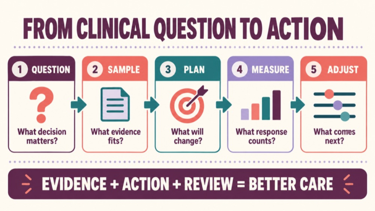 Assessment vs treatment infographic showing context, evidence, and proportionate next steps
