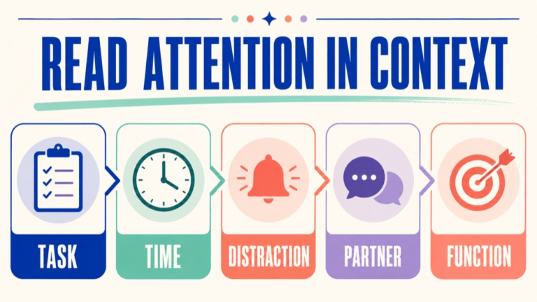 Attention listening context infographic comparing quiet, noise, fast speech, long messages, clarification, and participation
