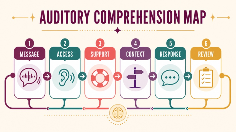 Auditory comprehension treatment aphasia concept map showing the core domains and clinical questions