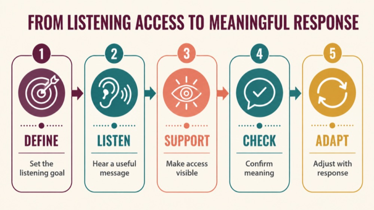 Auditory comprehension treatment aphasia infographic showing context, evidence, and proportionate next steps