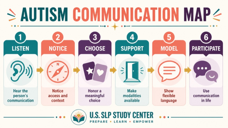 Autism communication intervention concept map showing the core domains and clinical questions